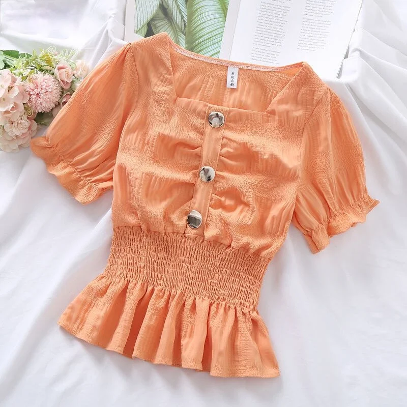 Blouses Women Candy Colors Ulzzang Kawaii Fashion Ins Preppy Clothing Summer Sweet Lovely Girls Slim 2021 Shirring Square Collar