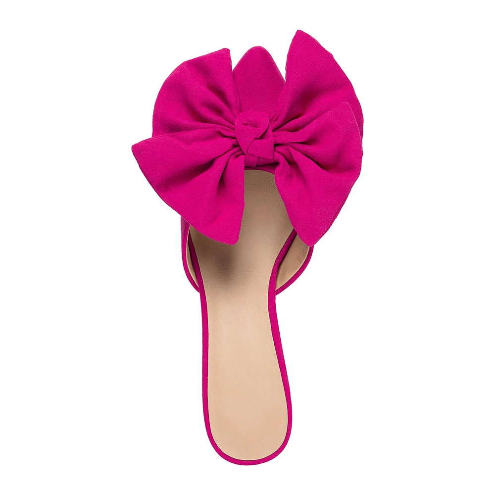 Fuchsia Flared Heel Pointed Toe Women's Mules Shoes with Bow