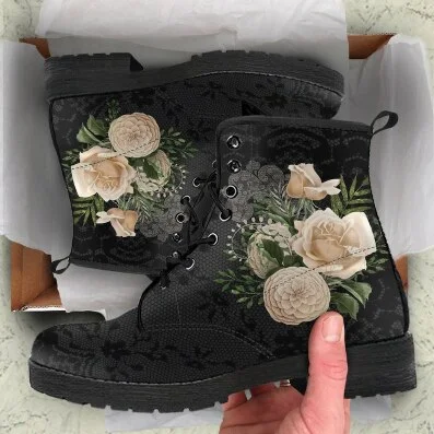 Qengg New leather Rose Dragon Embroidered boots Fashionable Flat lace-up Short boots women shoes Big size 35-43