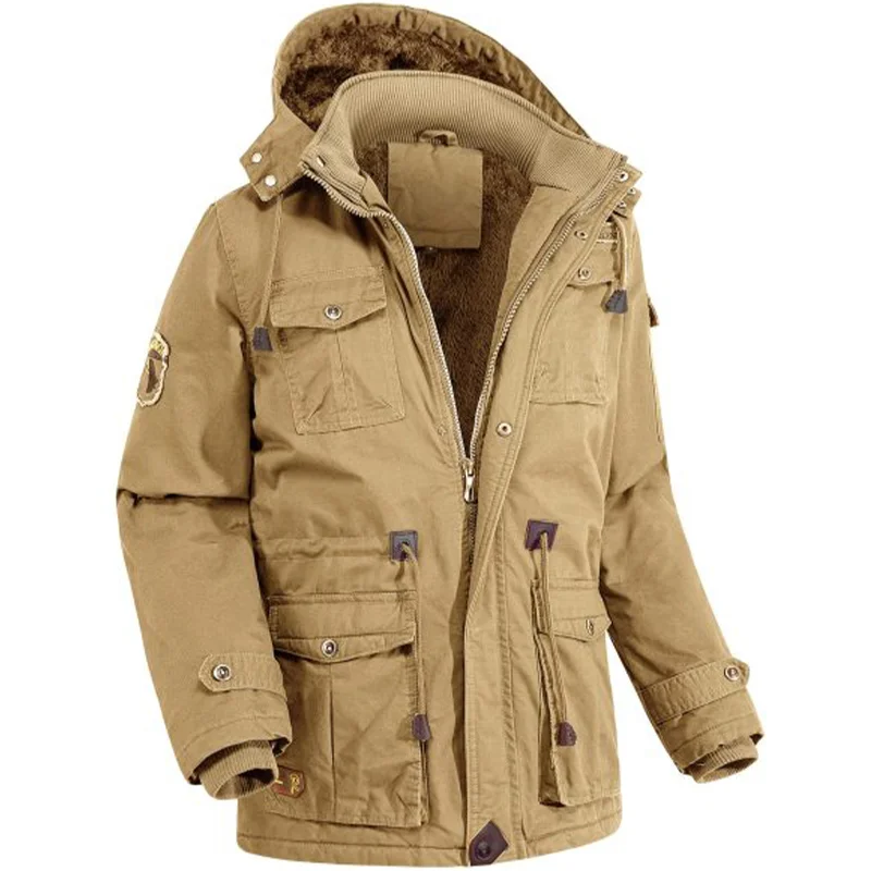 Men's Outdoor Plus Fleece Warm Hooded Multi-Pocket Mid-Length Thick Jacket