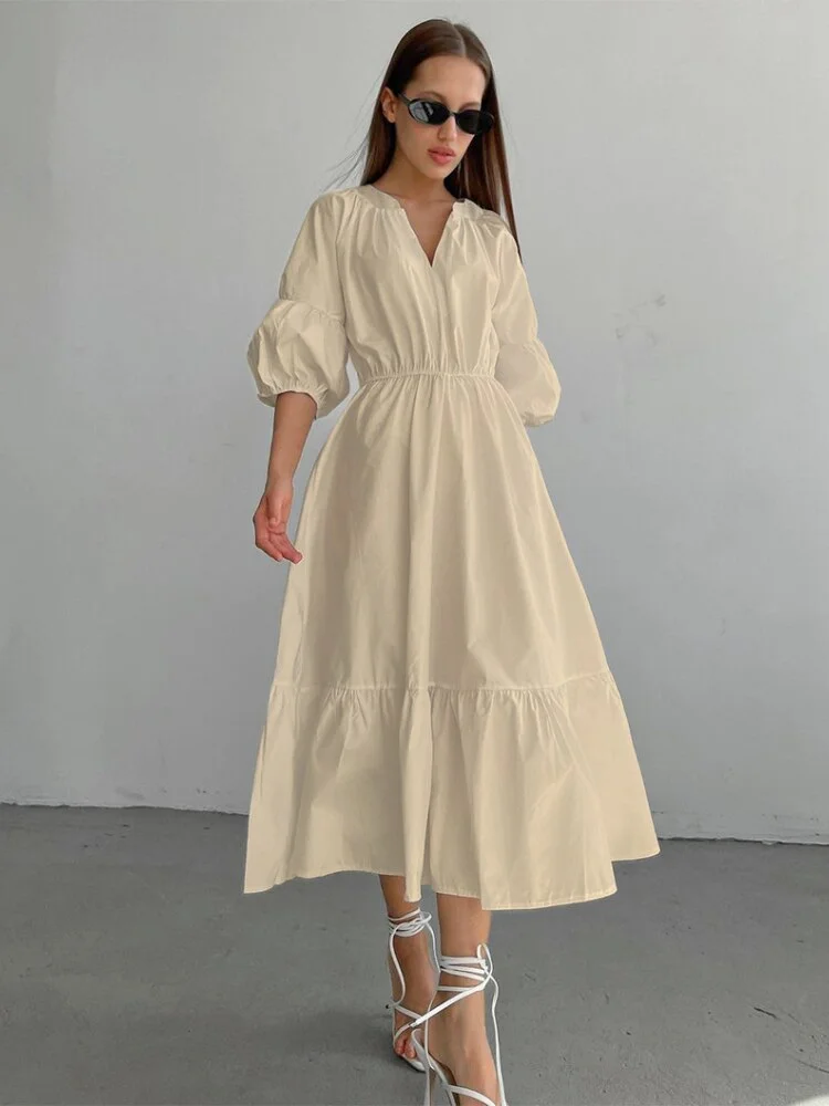 Fashion Solid Color V-neck Puff Sleeves Pleated A-line Dress
