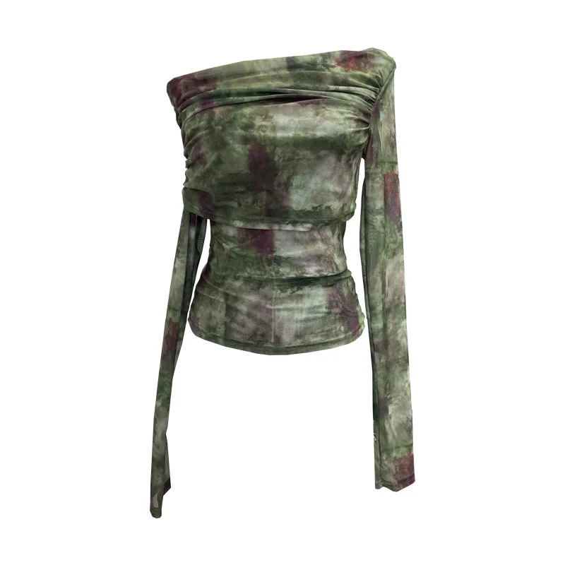 Nigikala Nigikala Tie-Dye-Print Mesh Folded Long-Sleeved T-Shirt With A Word-Collar Slanted Shoulder-To-Back Short Top 1183