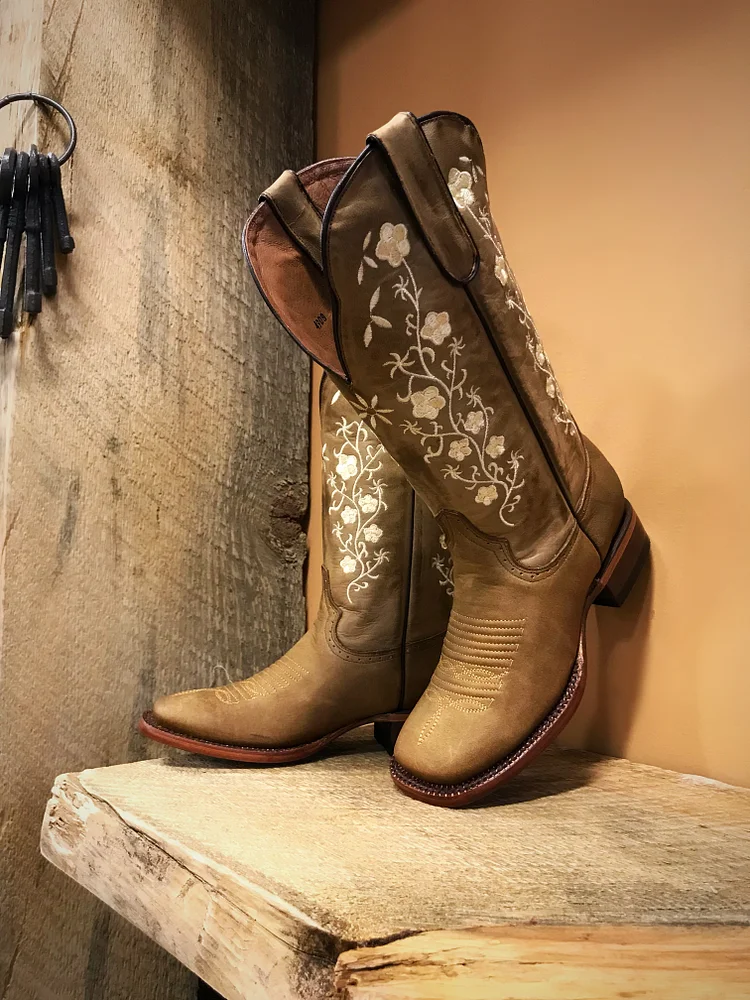 Womens Floral Embroidery Cowgirl Square Toe Boots Tan