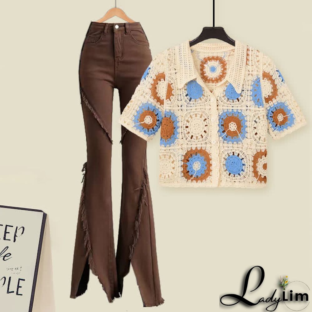 Crochet Hollow T-Shirt Fringed Split Denim Pants Two Pieces Set