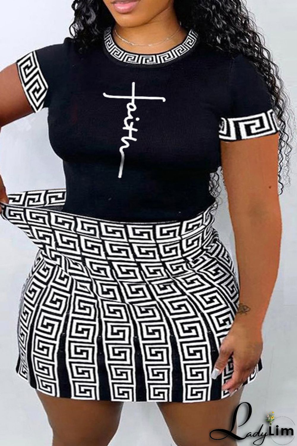 Black Fashion Casual Letter Print Patchwork O Neck Plus Size Two Pieces