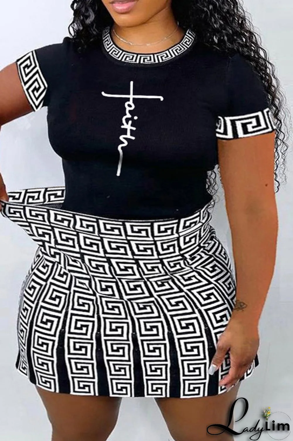 Black Fashion Casual Letter Print Patchwork O Neck Plus Size Two Pieces