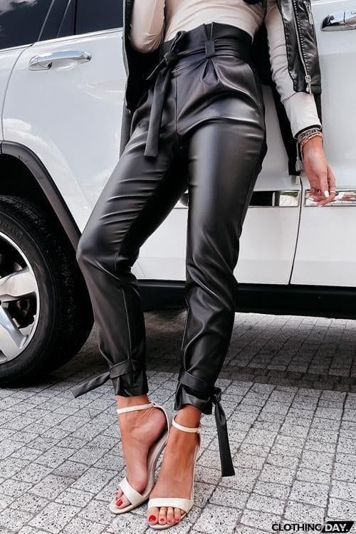 Bow Tie Slim PU Pants