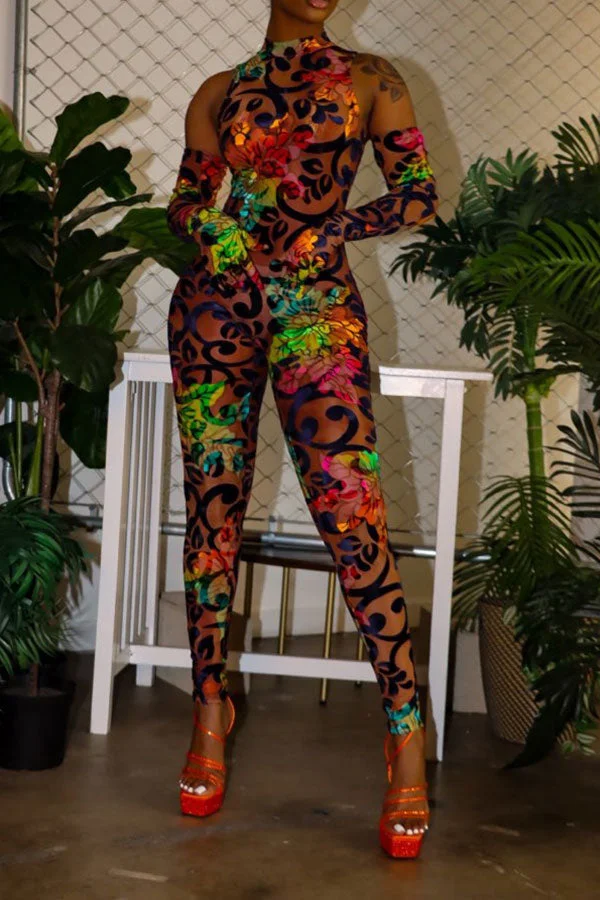 Flower Print Retro Bodycon Jumpsuit (With Gloves)