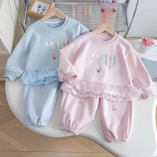【18M-9Y】2-piece Girls Cartoon Rabbit Print Sweatshirt And Pants Set