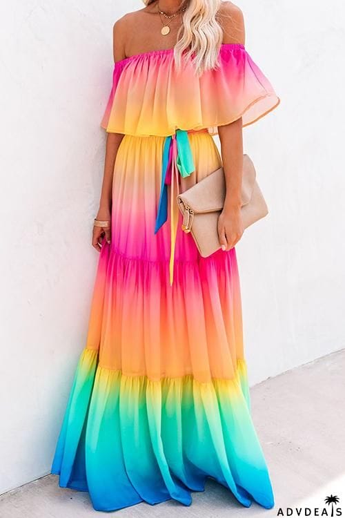 Gradient Off Shoulder Belted Maxi Dress