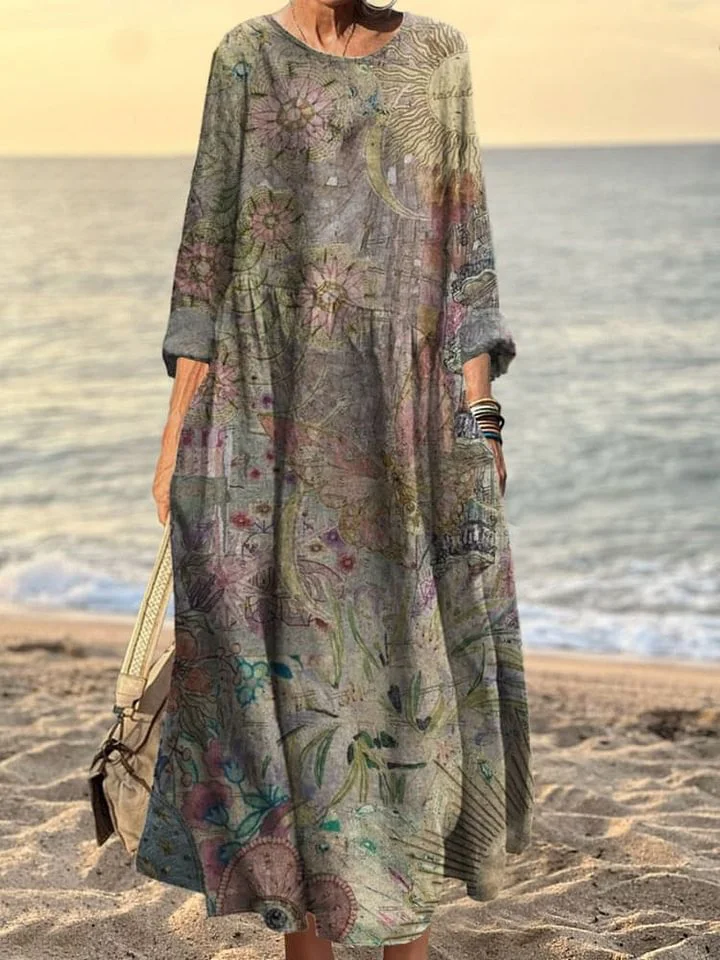 Women's Vintage Floral Art Print Pocket Cotton Dress