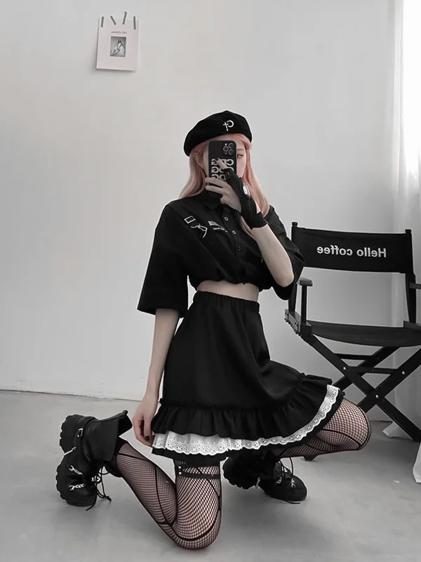 Y2K Sweet Cute Girl Paneled Ruffled Lace Belt A-line Layered Skirt