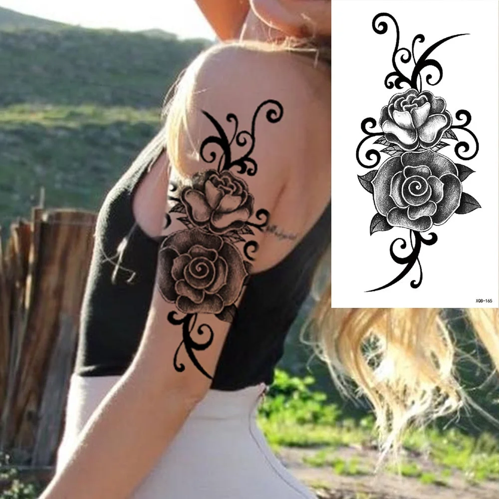 Waterproof Temporary Tattoo Sticker 3D Lace Rose Flower Tattoos Line Lotus Body Art Arm Fake Sleeve Tatoo Women Men