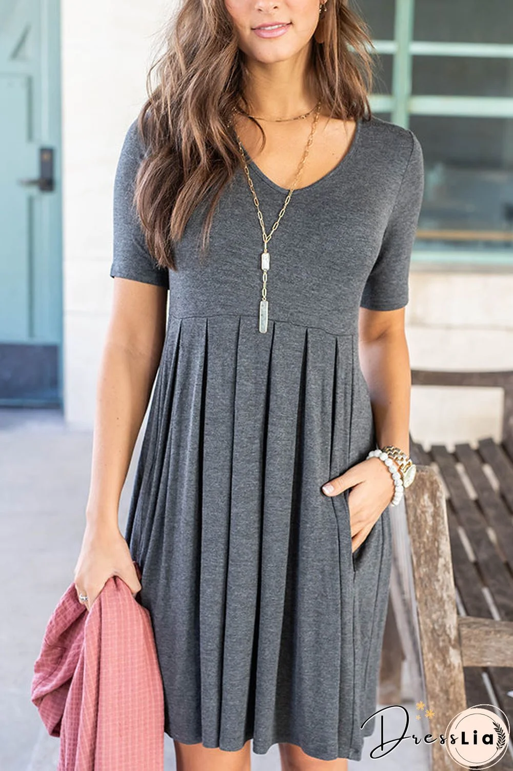 Solid Pleated Waist Short Sleeve Dress