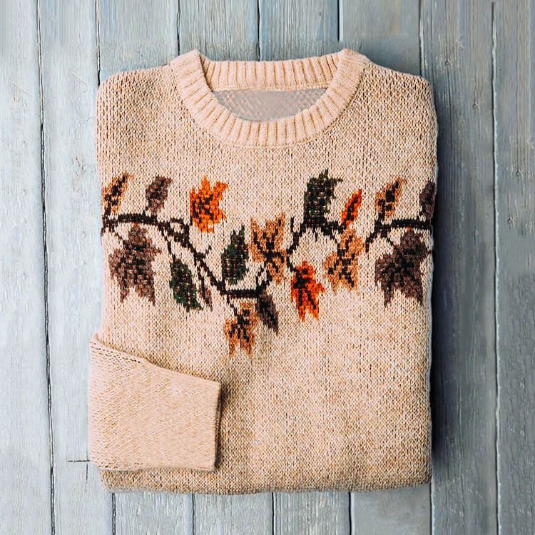 🔥kukelife🔥Vintage Maple Leaf Print Crew Neck Long Sleeved Sweater