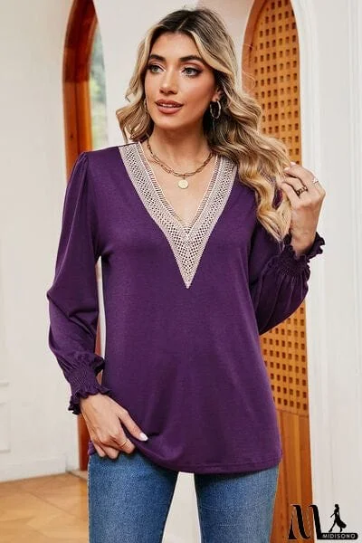 MidiSono - Lace Detail V-Neck Lantern Sleeve T-Shirt