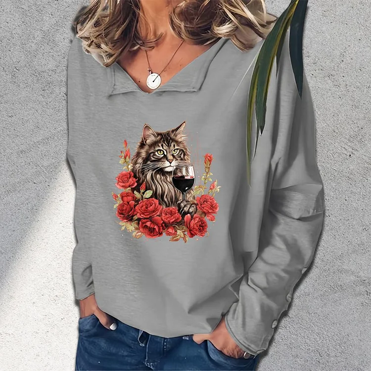 cat and rose V-neck loose  sweatshirt_G242-0023549