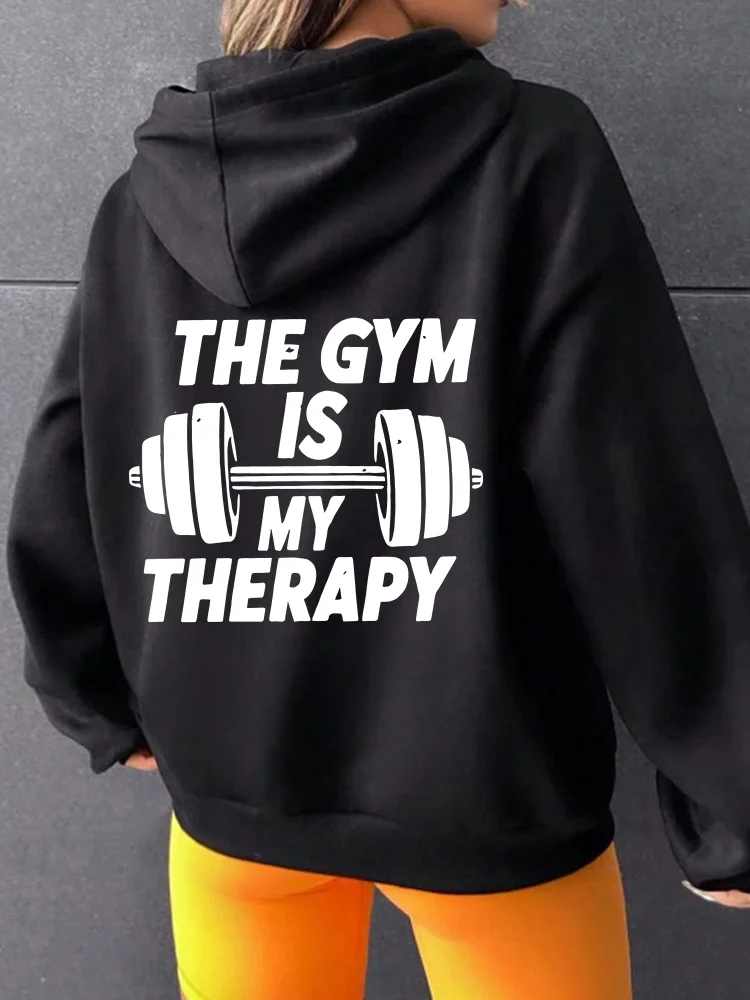 Women's Casual Gym-Themed Hoodie With "The Gym Is My Therapy" Print, Black Zip-Up Jacket With Kangaroo Pocket, Stretch Fabric, All-Season Wear