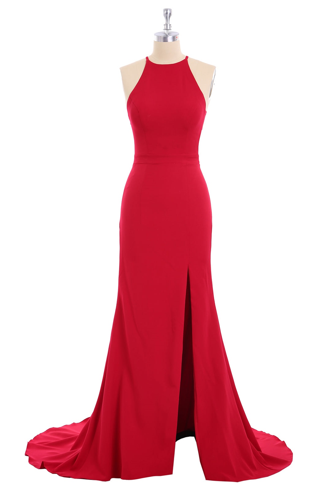 Ovlias Romantic Red Halter Split Sleeveless Formal Mermaid Prom Dress LY0534