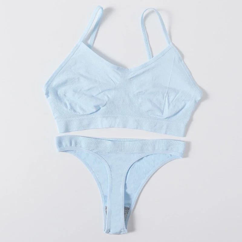 Women Seamless Bra Set Female Underwear Set Low Waist Thong Panties Comfort Bra Bralette Sexy Lingerie Brassiere Ribbed Top Suit
