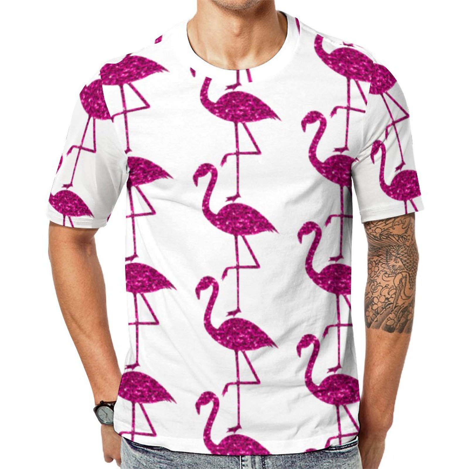 Flamingo Pink Faux Glitter Sparkles Black Short Sleeve Print Unisex Tshirt Summer Casual Tees for Men and Women Coolcoshirts