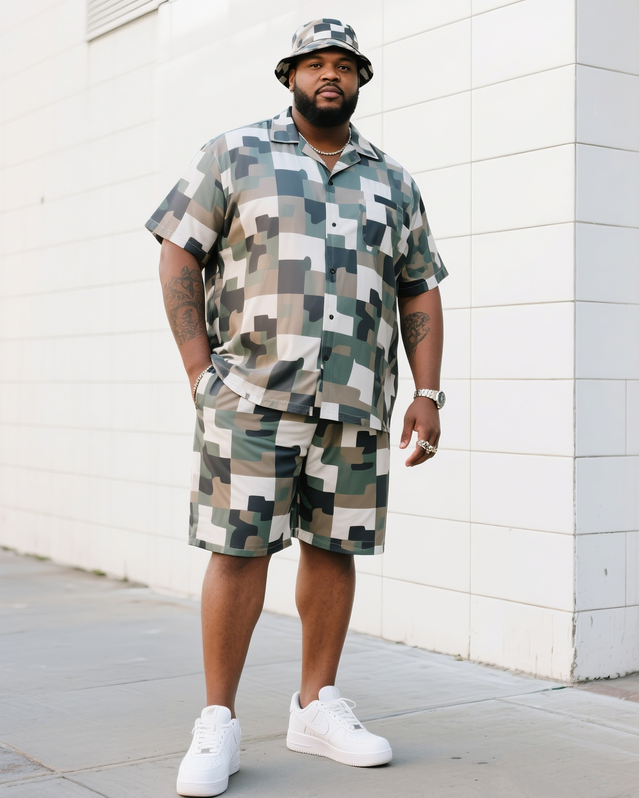 Big Man's Daily Leisure Outdoor Activities Design Creative Checkered Camouflage Short Sleeve Shirt Shorts Suit