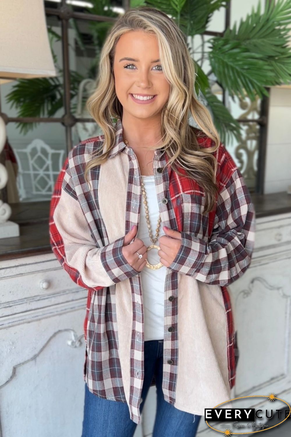 Plaid Corduroy Patchwork Shacket