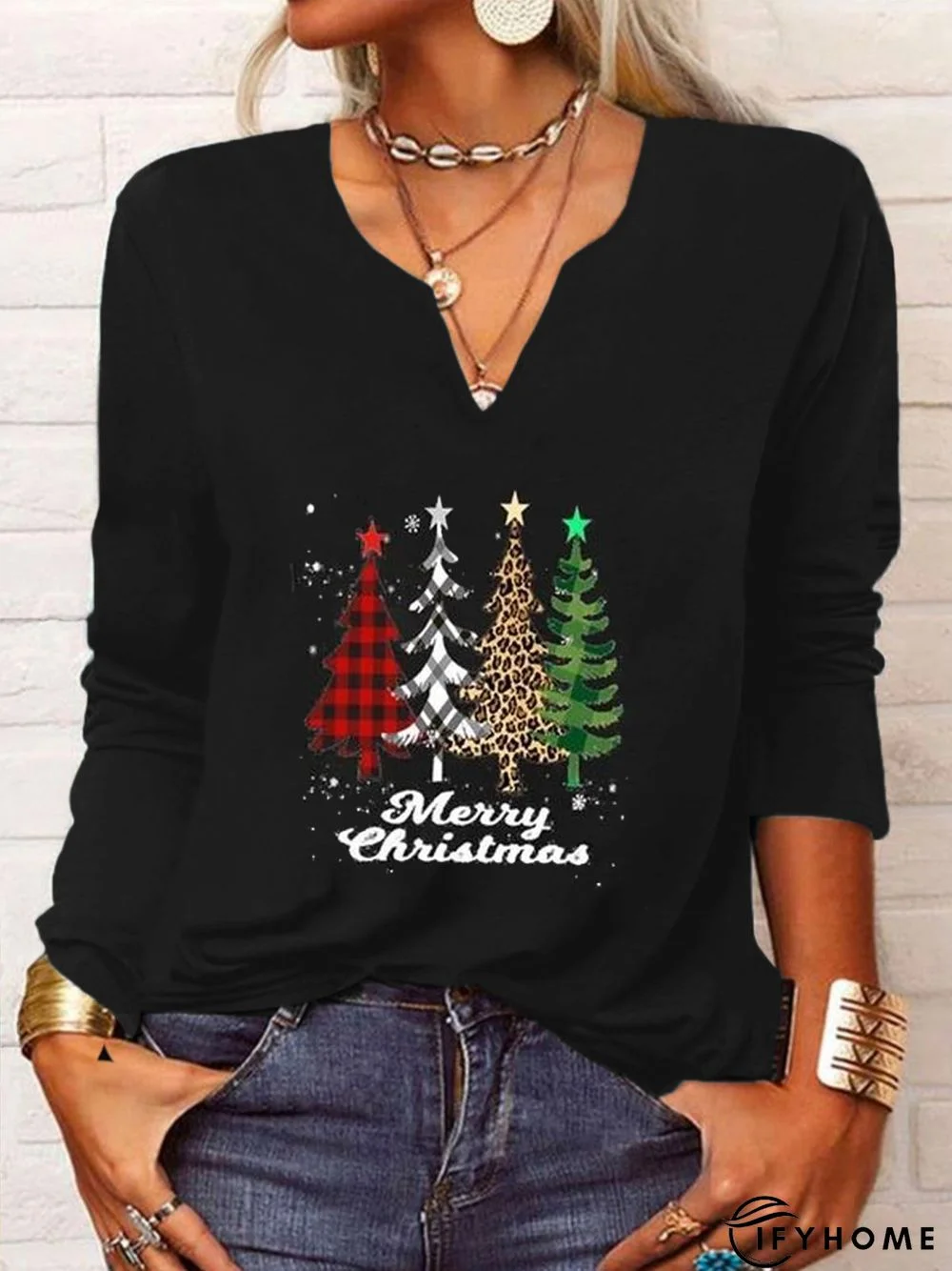 Casual Christmas Trees Long Sleeve V Neck Printed Top T-shirt Xmas T-shirt | IFYHOME