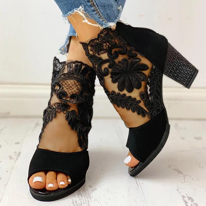lace mesh insert chunky heeled boots