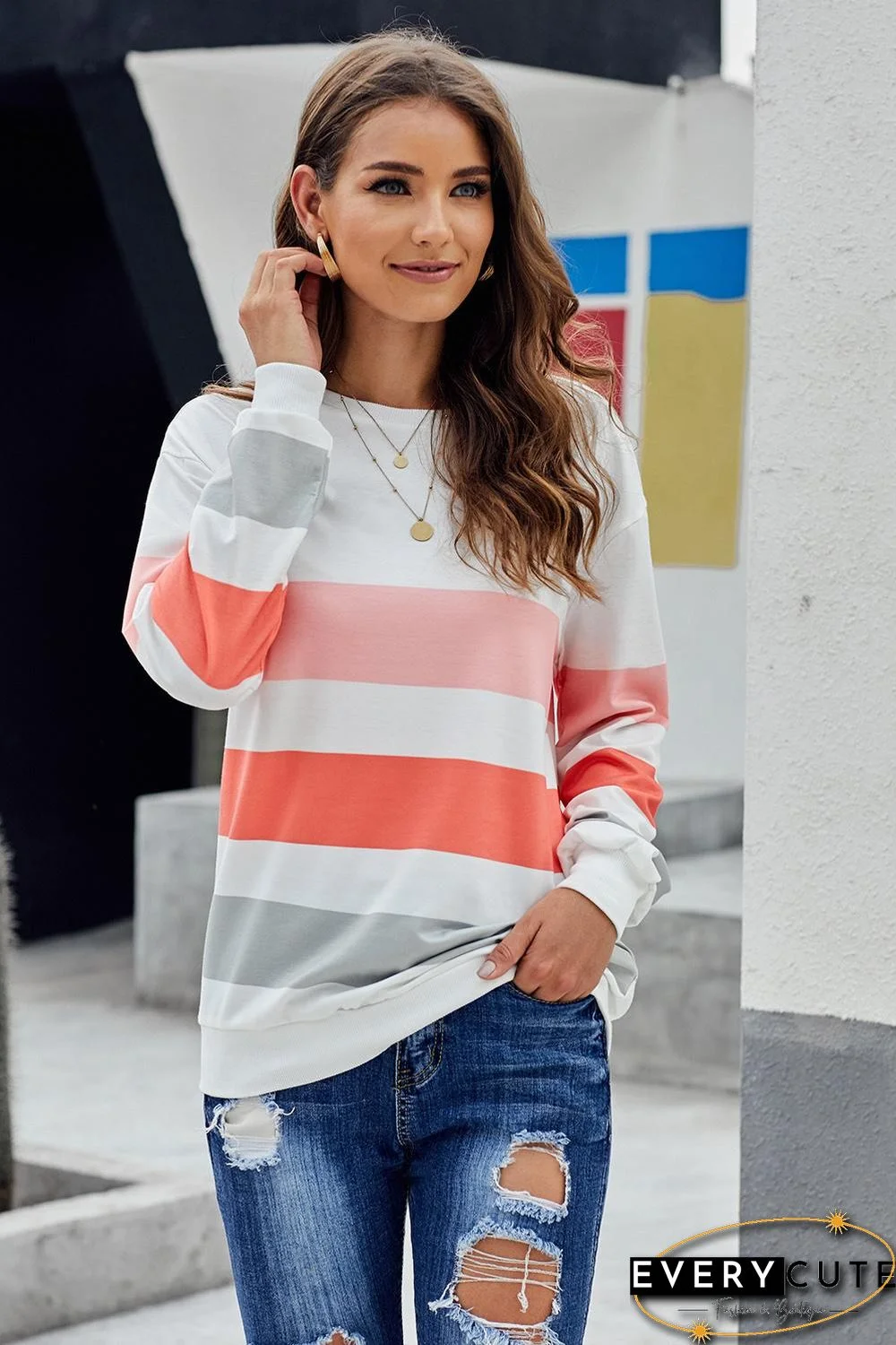 White Dreaming of Spring Striped Pullover Top