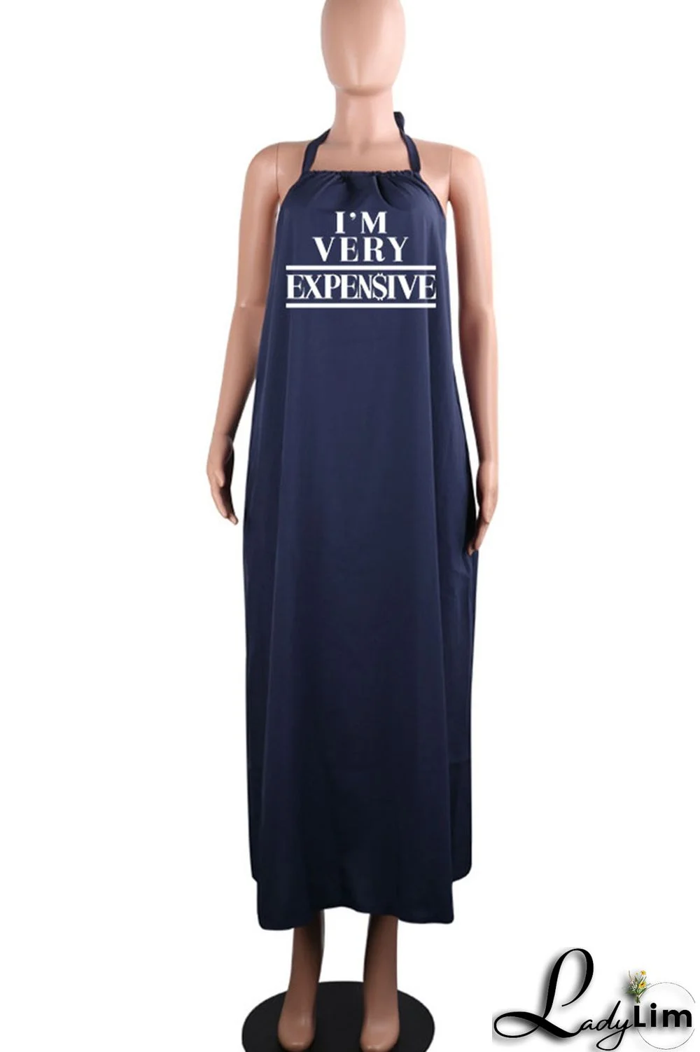 Black Sexy Print Split Joint Backless Halter Straight Dresses