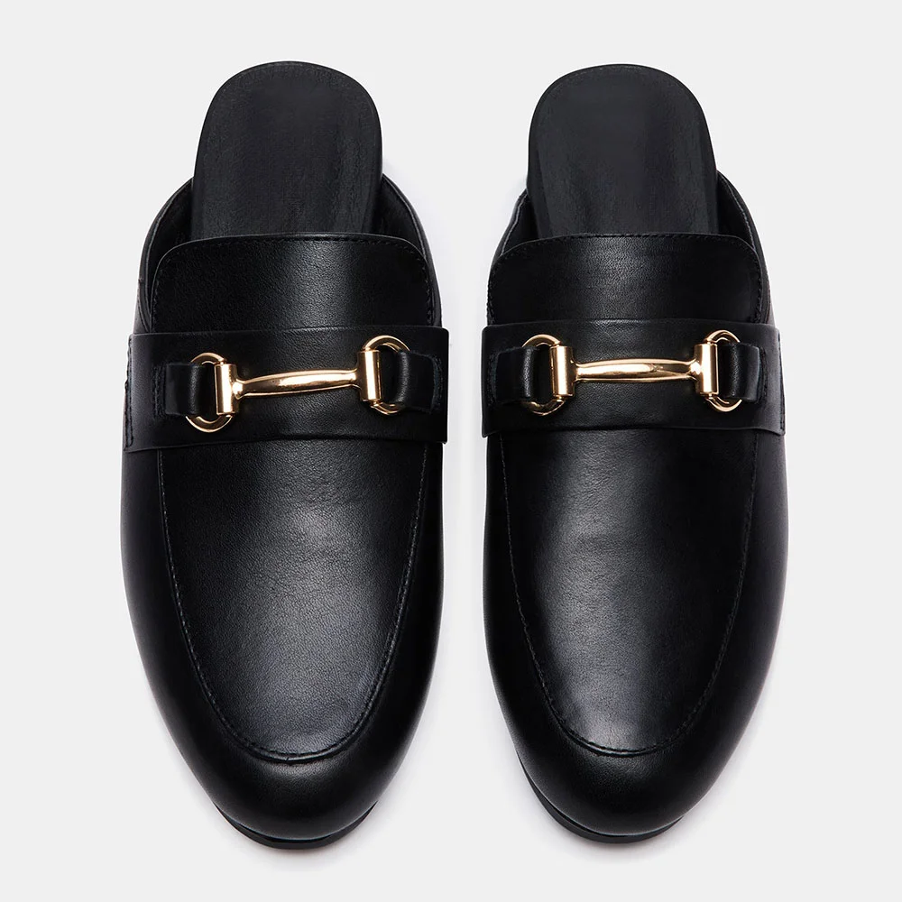 Black Slip-On Round Toe Flat Loafer Shoes Women with Buckle Accent