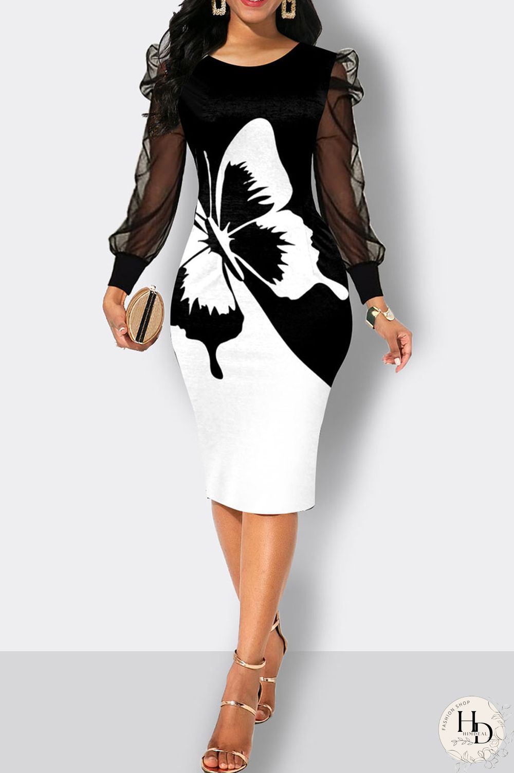 Black White Casual Print Patchwork V Neck One Step Skirt Dresses