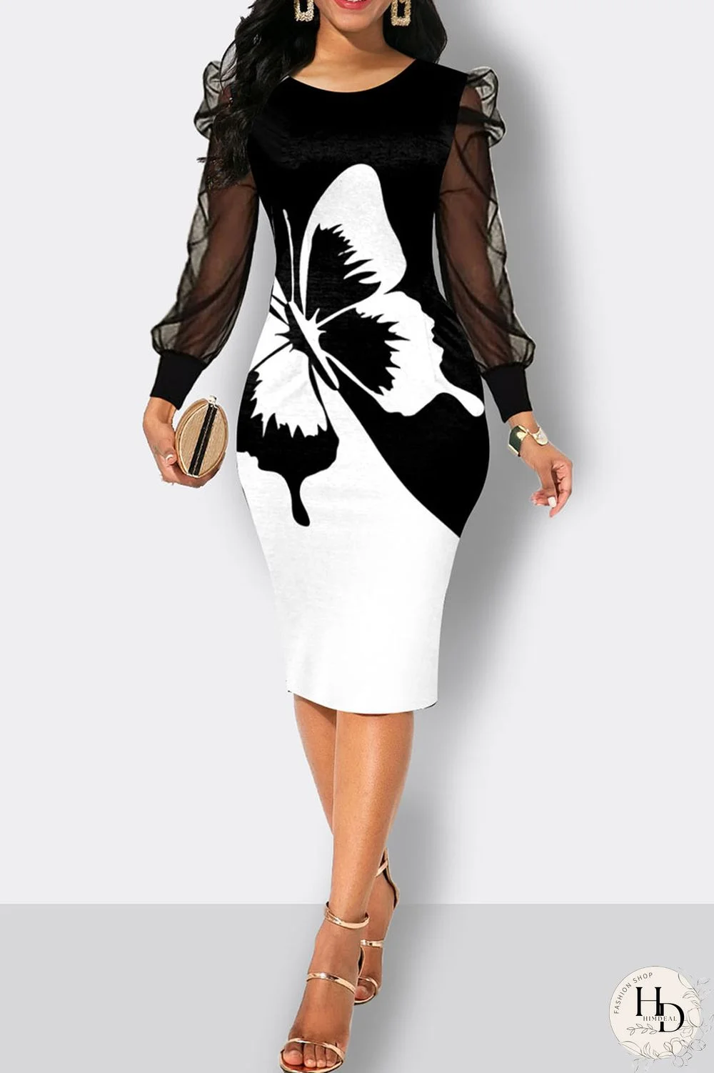 Black White Casual Print Patchwork V Neck One Step Skirt Dresses