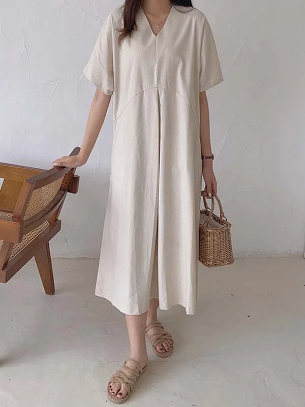 Minimalist Roomy Linen Short Sleeves Pure Color V-Neck Midi Dresses