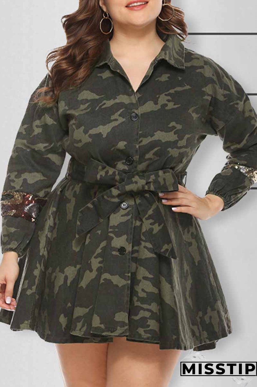 Camouflage Fashion Casual Camouflage Print Patchwork With Belt Turndown Collar Plus Size Overcoat