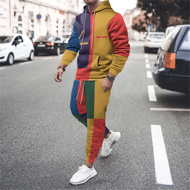 Broswear Color Block Splicing Print Casual Tracksuit Two Piece Set