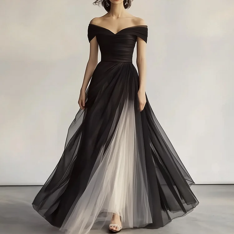 Ursime Chiffon Off The Shoulder Pleated Gradient Maxi Dress