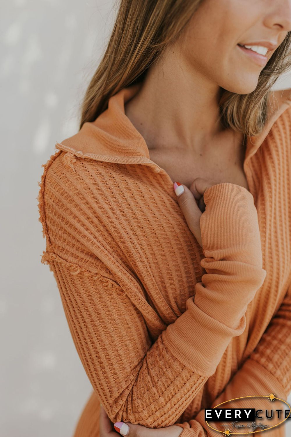 Orange Distressed Seam Trim Waffle Knit Top