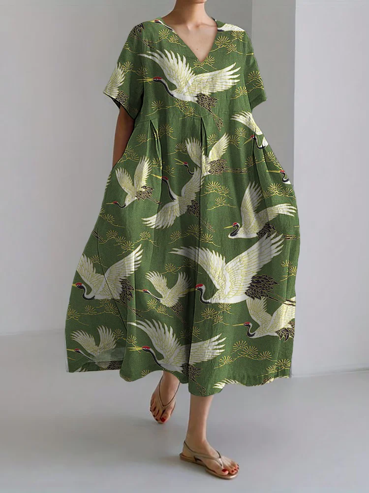 Cranes & Pine Trees Japanese Pattern Linen Blend Maxi Dress