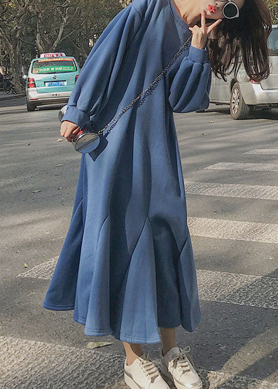 VCSHOES Loose Blue O-Neck Patchwork Long A Line Dress Fall