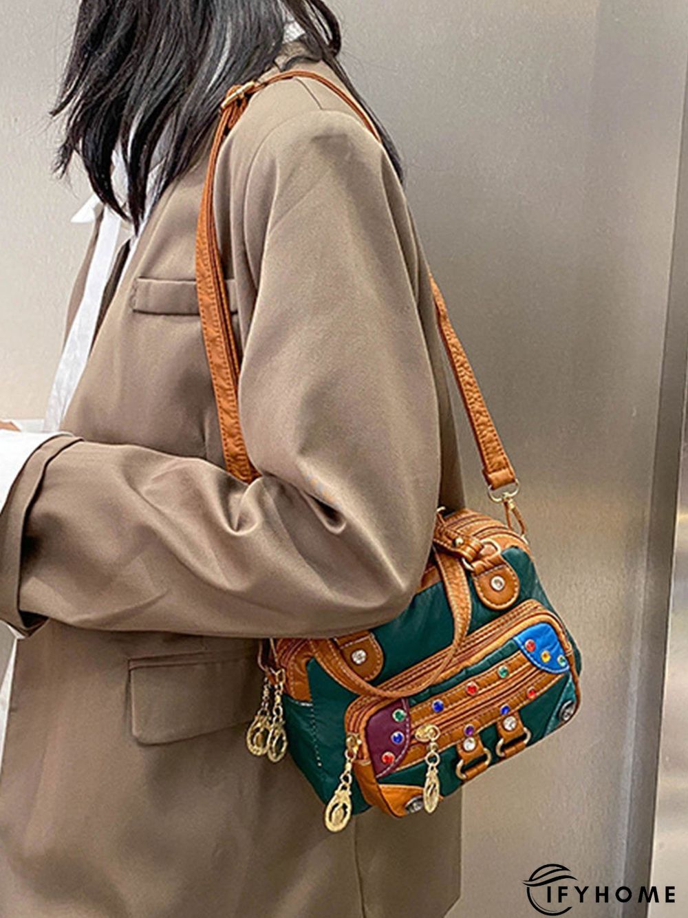 Retro Ethnic Style Mosaic Rhinestone Zipper Messenger Bag | IFYHOME