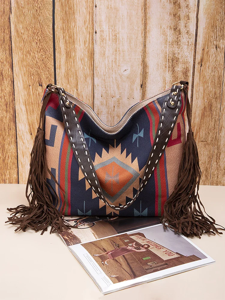 Comstylish Women's Retro Ethnic Style Printed Tassel Shoulder Bag