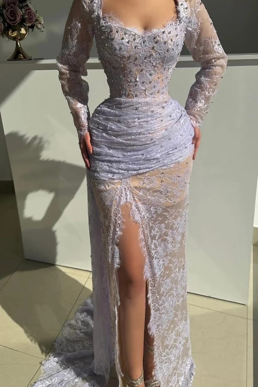Daisda Long Sleeves Embroidery Square Mermaid Beads Prom Dress With Split