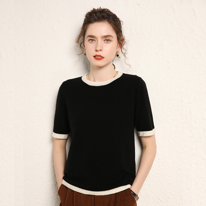 Contrast Black And White Cashmere Sweater For Women REAL SILK LIFE