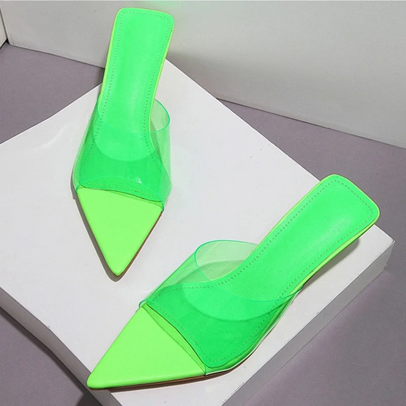 Red Green PVC Transparent Jelly Shoes For Women Sexy Pointed Open Toe Shallow Slider Slippers Ladies Sandals Stiletto Heels Mule