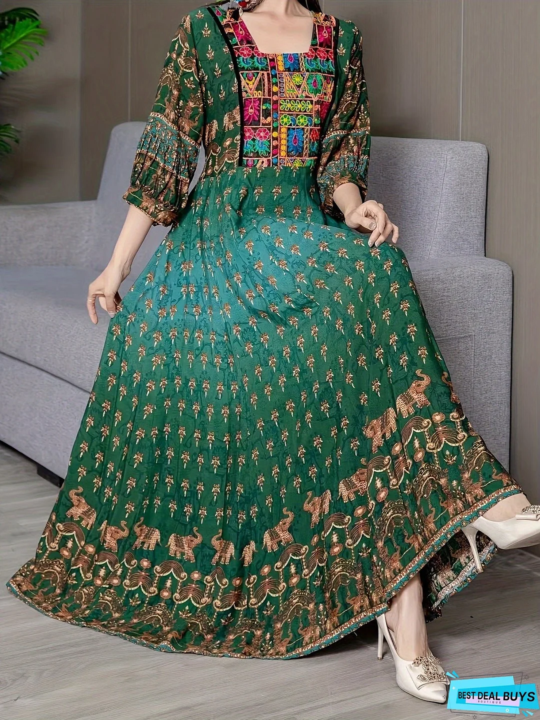 Ethnic Floral Pattern Maxi Dress, Boho Square Neck 3/4 Sleeve Dress, Women's Clothing