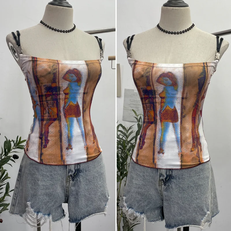 Uveng Sexy Hottie Shoulder Strap Small Print Slimming Sling Vest Short Sleeveless Top 8830