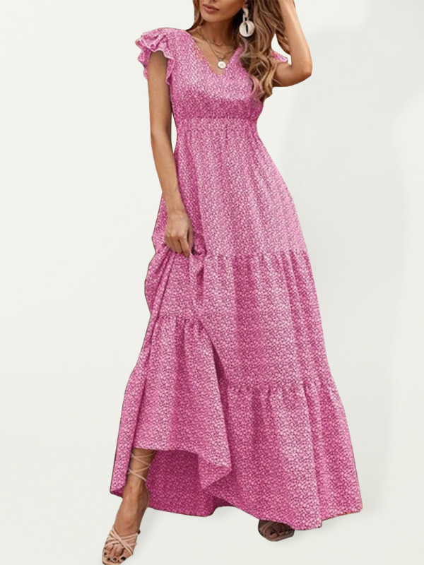 Mature Women Summer Leisure V-neck Polyester Vacation Dress with Full Body Print