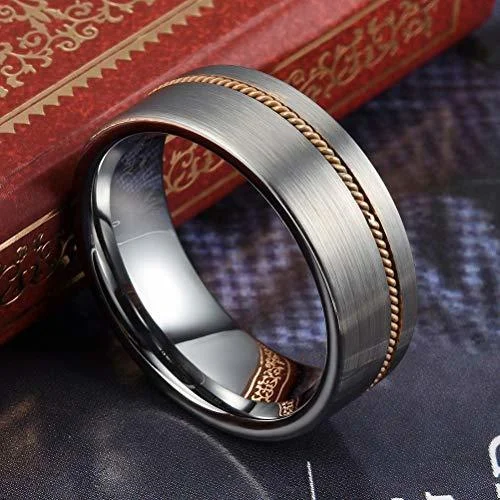 8MM Women's Or Men's Tungsten Carbide Wedding Rings Silver Matte Finish with Bronze Wire Inlay